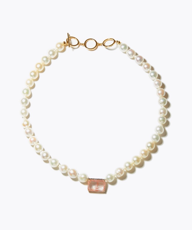 [amulette] [Protection of love and healing]akoya pearl hematite in rose quartz pave diamonds choker